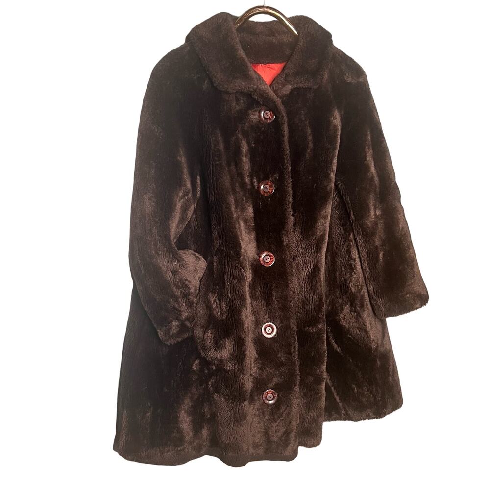Vintage 60s Brown Faux Fur Swing Coat Button Front Collared Pockets Rockabilly - Picture 11 of 11